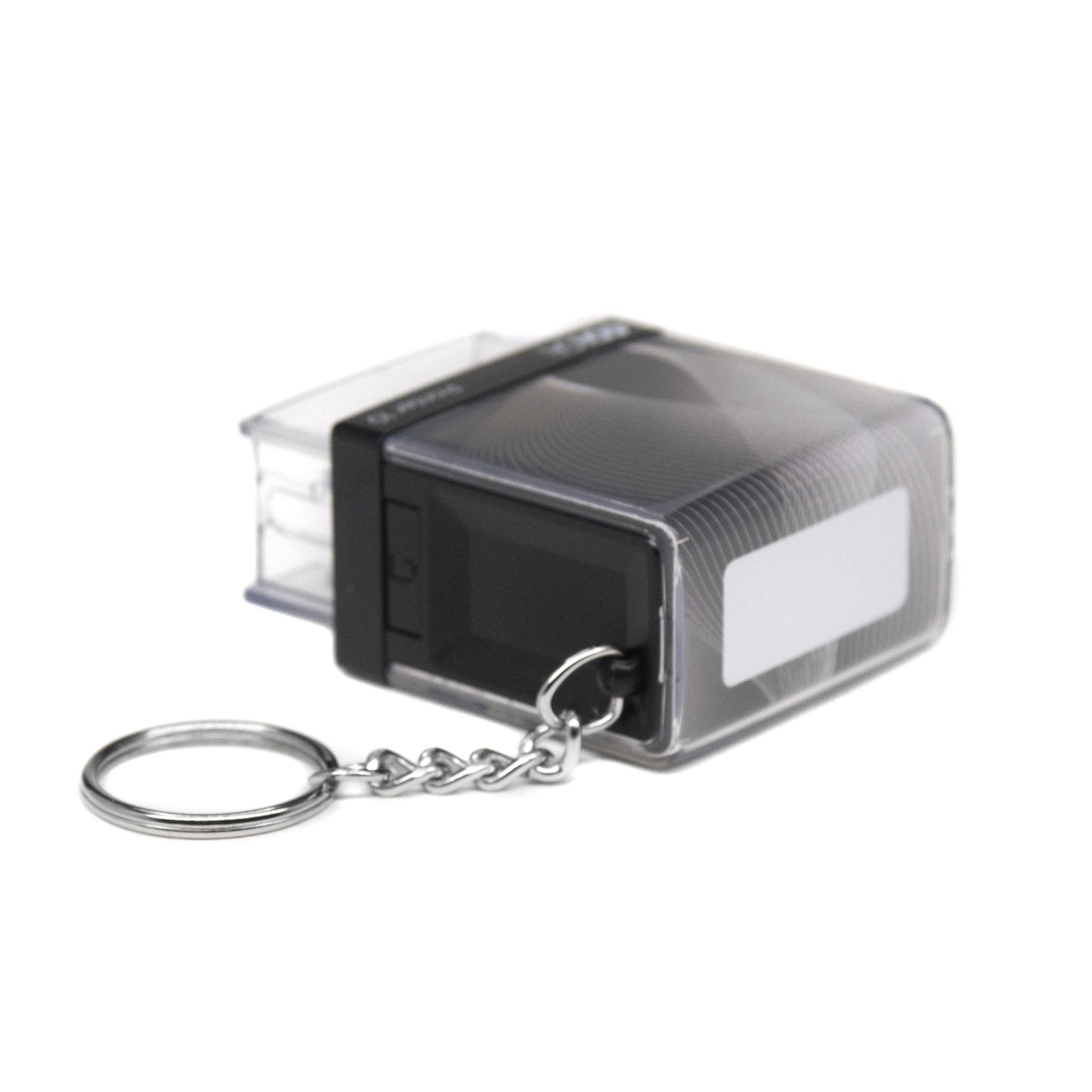 26mm x 9mm - Self - inking Personalised Keyring Key Ring Rubber Stamp With Black Ink - Two Lines Of Text