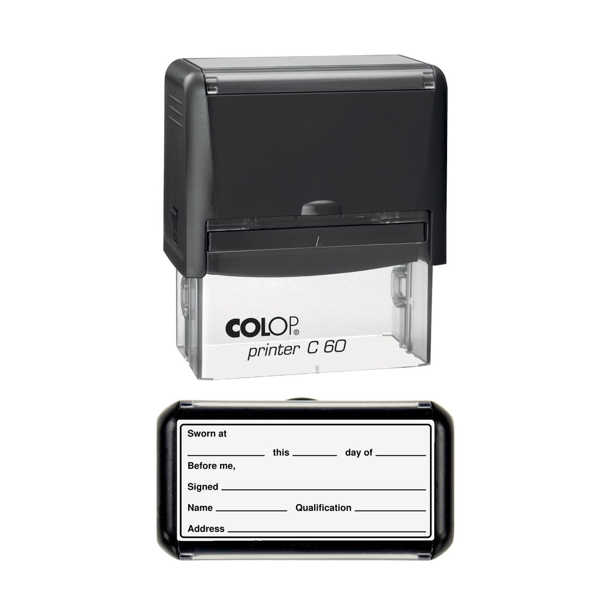 Affidavit Jurat Sworn at Before Me stamp, 77 x 36mm COLOP C60 self-inking stamp, black ink