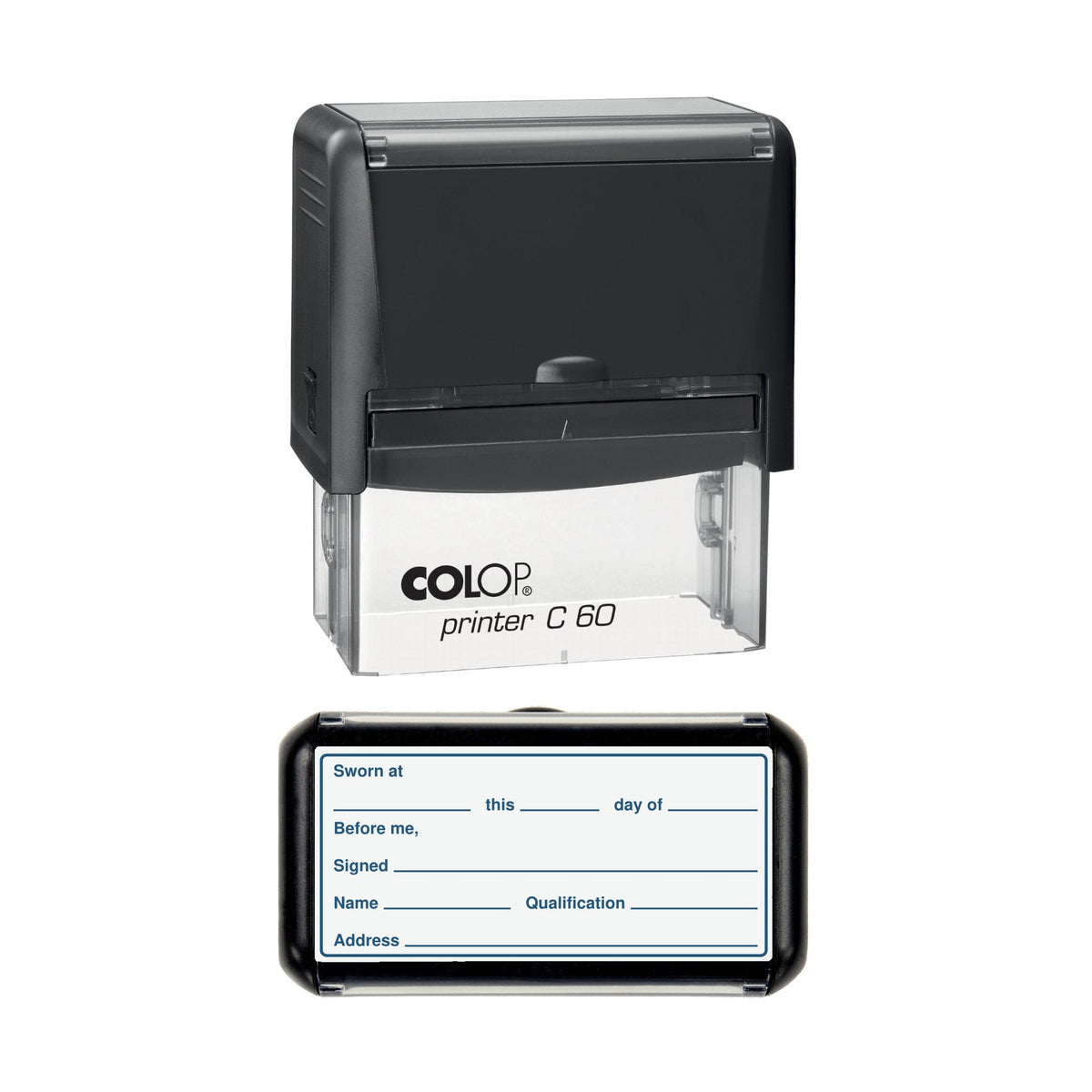 Affidavit Jurat Sworn at Before Me stamp, 77 x 36mm COLOP C60 self-inking stamp, blue ink