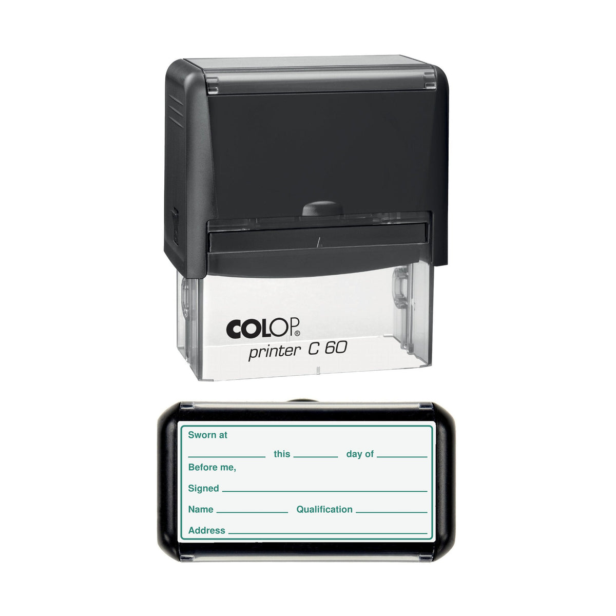 Affidavit Jurat Sworn at Before Me stamp, 77 x 36mm COLOP C60 self-inking stamp, green ink