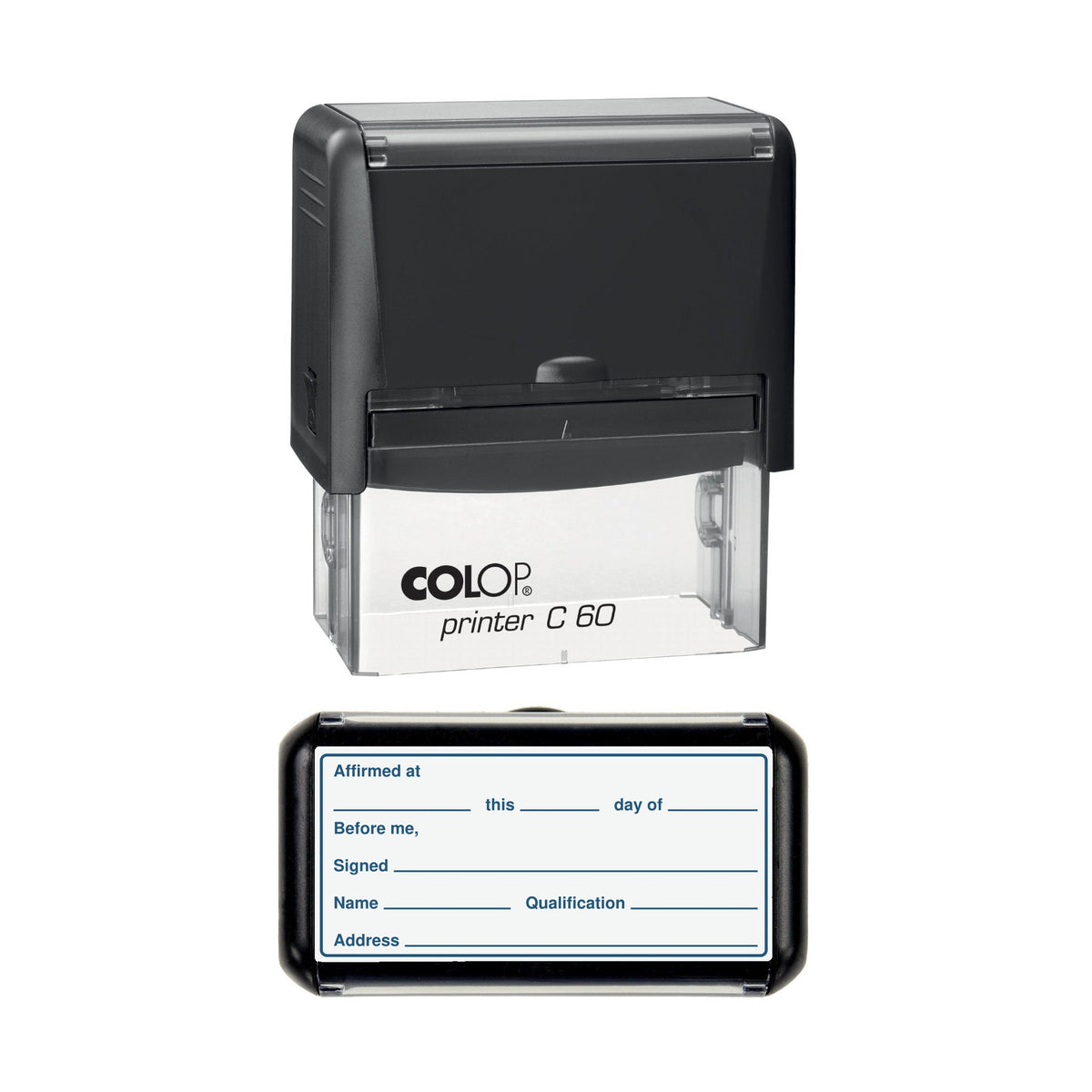 Affirmation Jurat Affirmed at Before Me stamp, 77 x 36mm COLOP C60 self-inking stamp, blue ink