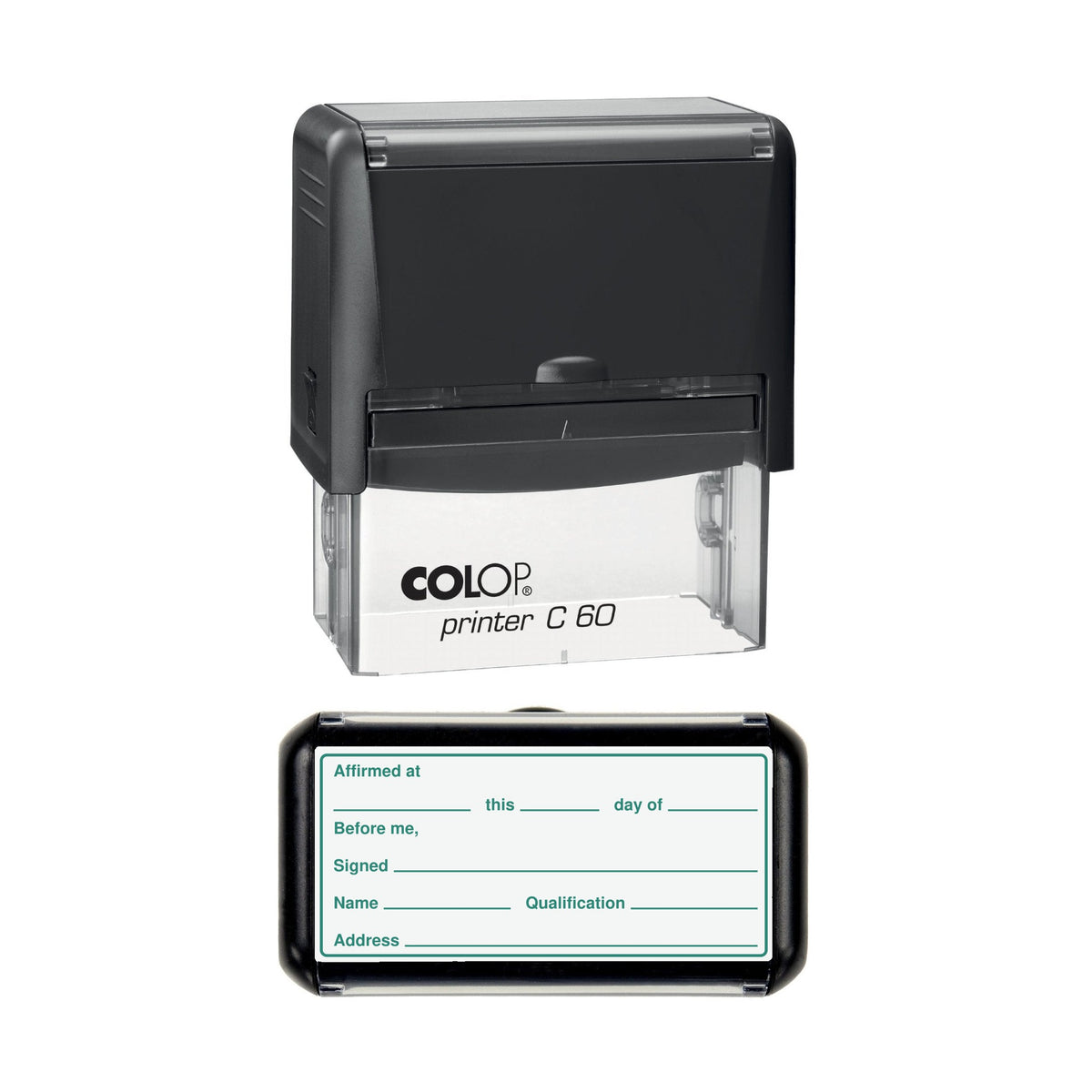 Affirmation Jurat Affirmed at Before Me stamp, 77 x 36mm COLOP C60 self-inking stamp, green ink