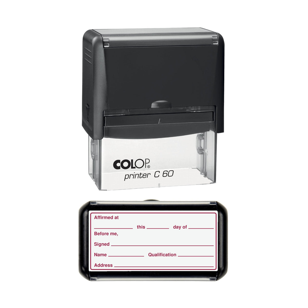 Affirmation Jurat Affirmed at Before Me stamp, 77 x 36mm COLOP C60 self-inking stamp, red ink