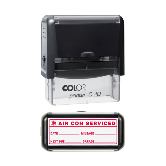 Stamp showing the Air Con Serviced Vehicle Record design, 58 x 22mm COLOP C40 self-inking stamp, red ink