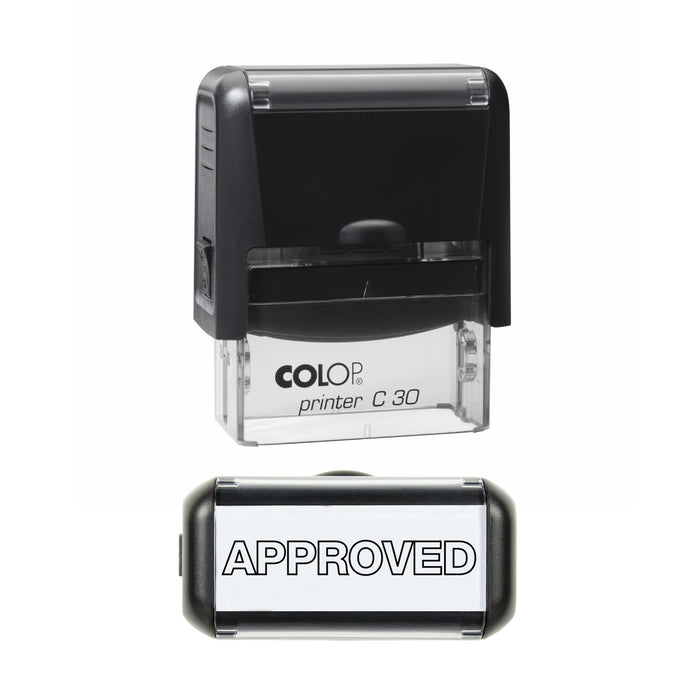 Stamp showing the Approved Outline design, 45 x 18mm COLOP C30 self-inking stamp, black ink