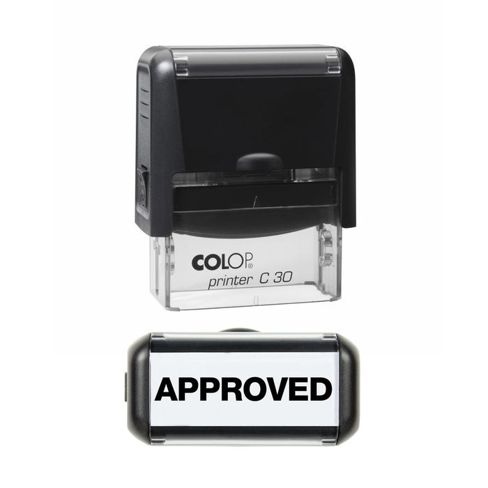 Stamp showing the Approved design, 45 x 18mm COLOP C30 self-inking stamp, black ink
