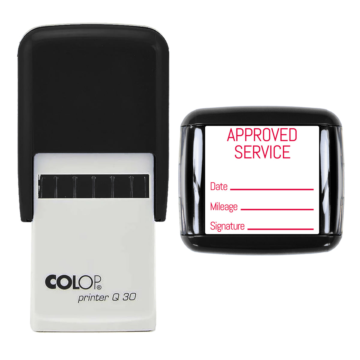 Stamp showing the Approved Service design, 30 x 30mm COLOP Q30 self-inking stamp, red ink