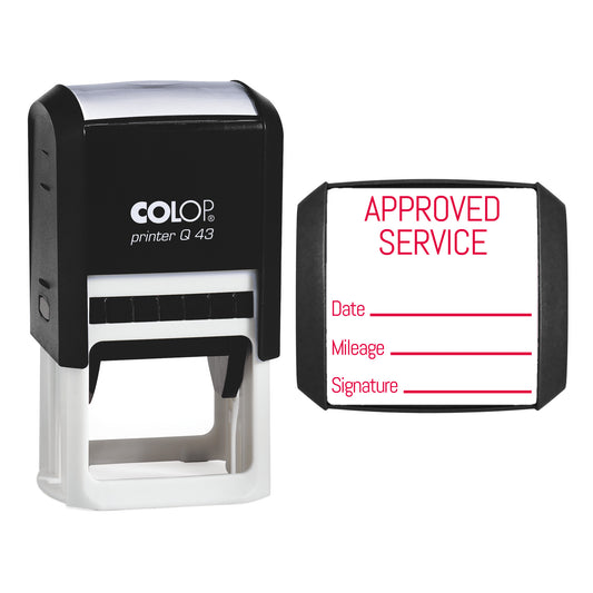 Stamp showing the Approved Service design, 43 x 43mm COLOP Q43 self-inking stamp, red ink