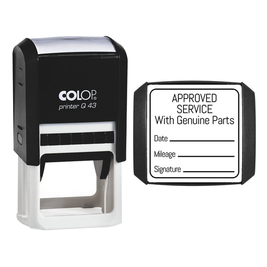 Stamp showing the Approved Service With Genuine Parts Outline design, 43 x 43mm COLOP Q43 self-inking stamp, black ink