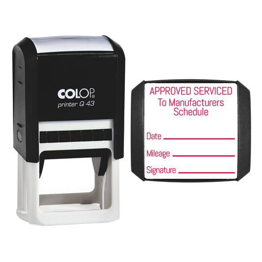 Stamp showing the Approved Serviced To Manufacturers Schedule design, 43 x 43mm COLOP Q43 self-inking stamp, red ink