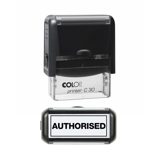 Stamp showing the Authorised with Border design, 45 x 18mm COLOP C30 self-inking stamp, black ink