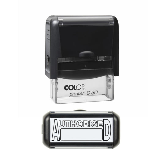 Stamp showing the Authorised with Box design, 45 x 18mm COLOP C30 self-inking stamp, black ink