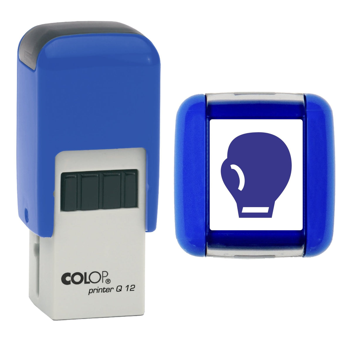 Stamp showing the Boxing Glove Loyalty Card design, 12 x 12mm COLOP Q12 self-inking stamp, violet ink