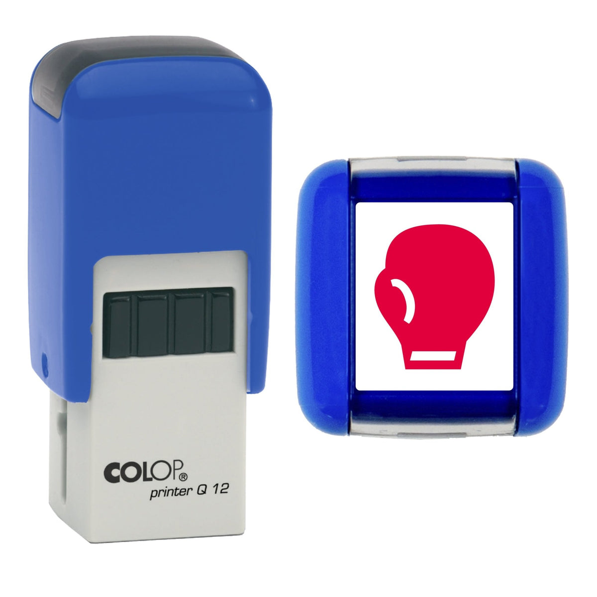 Stamp showing the Boxing Glove Loyalty Card design, 12 x 12mm COLOP Q12 self-inking stamp, red ink