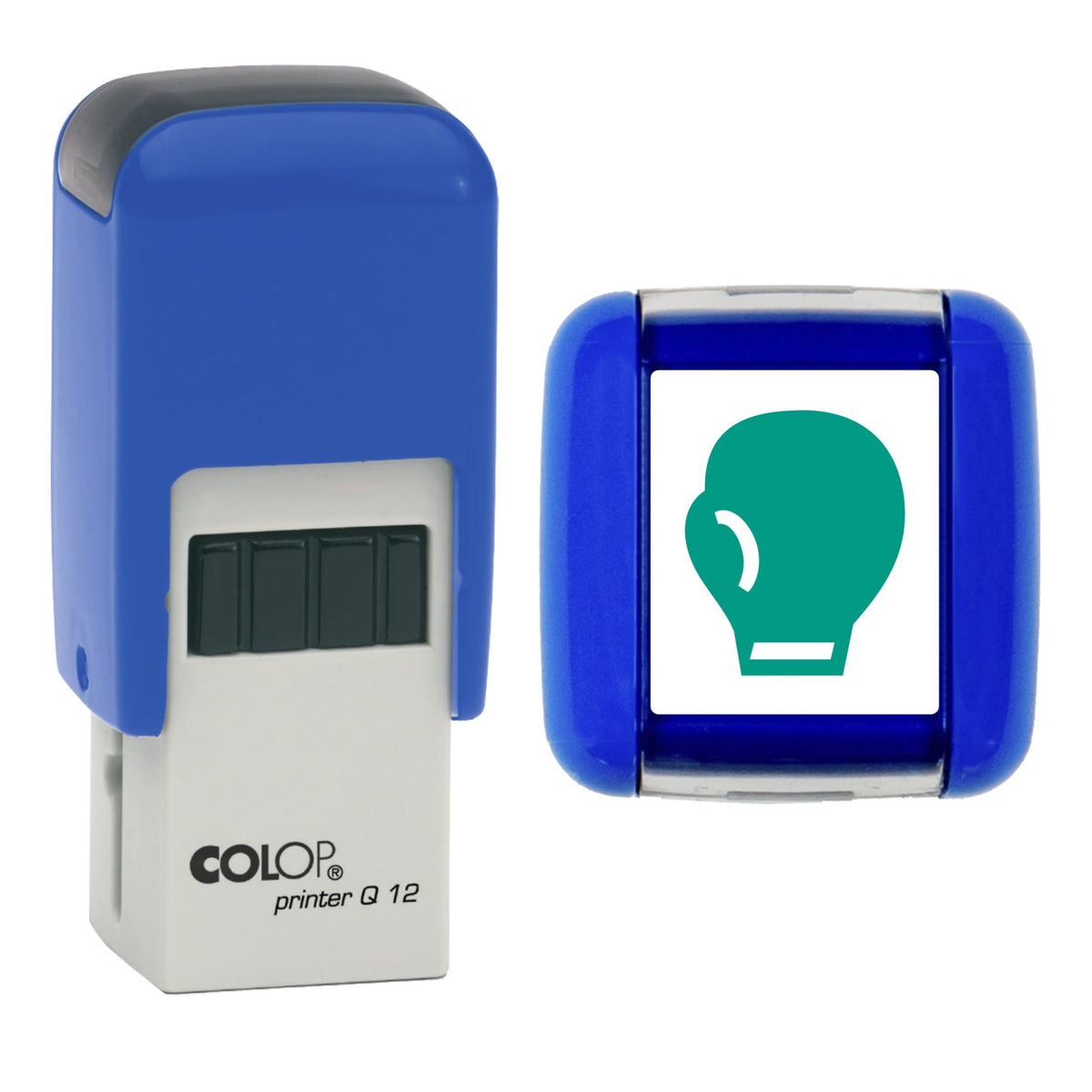 Stamp showing the Boxing Glove Loyalty Card design, 12 x 12mm COLOP Q12 self-inking stamp, green ink