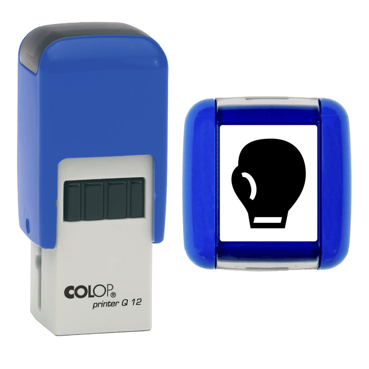 Stamp showing the Boxing Glove Loyalty Card design, 12 x 12mm COLOP Q12 self-inking stamp, black ink