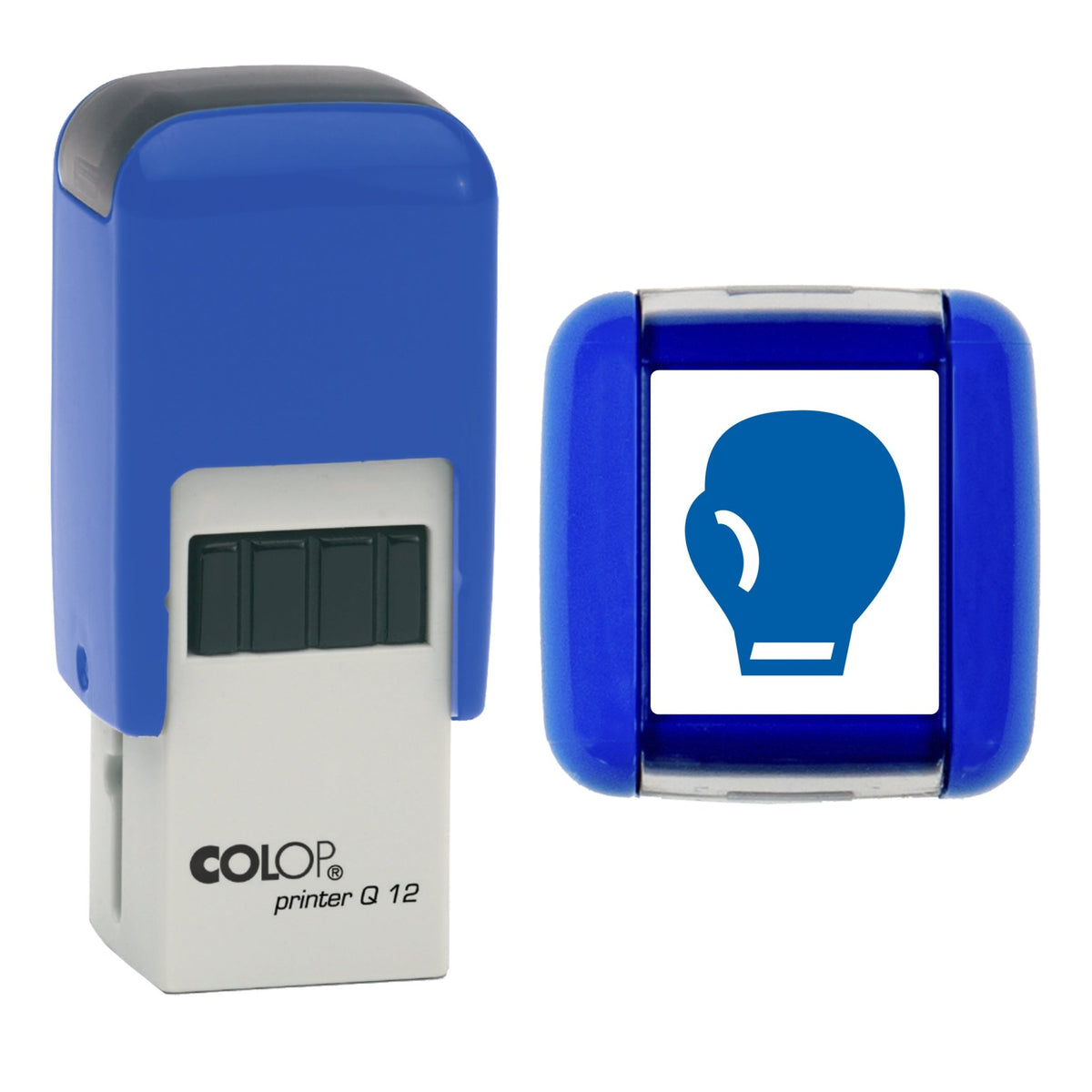 Stamp showing the Boxing Glove Loyalty Card design, 12 x 12mm COLOP Q12 self-inking stamp, blue ink