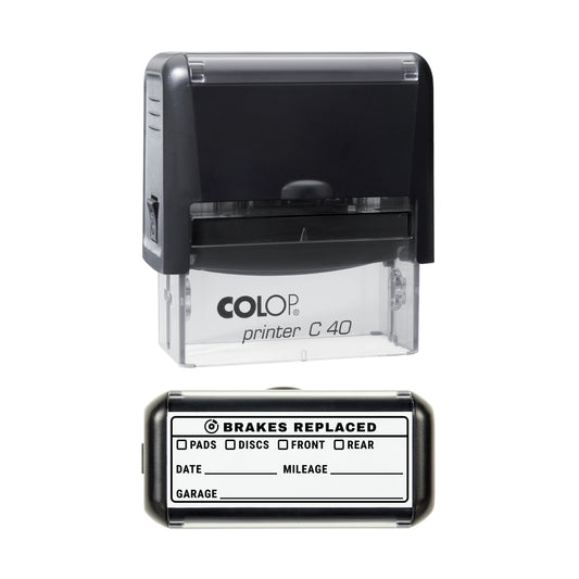 Stamp showing the Brakes Replaced Vehicle Service Record design, 58 x 22mm COLOP C40 self-inking stamp, black ink
