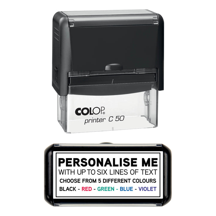 Personalised text stamp with border, 70 x 30mm