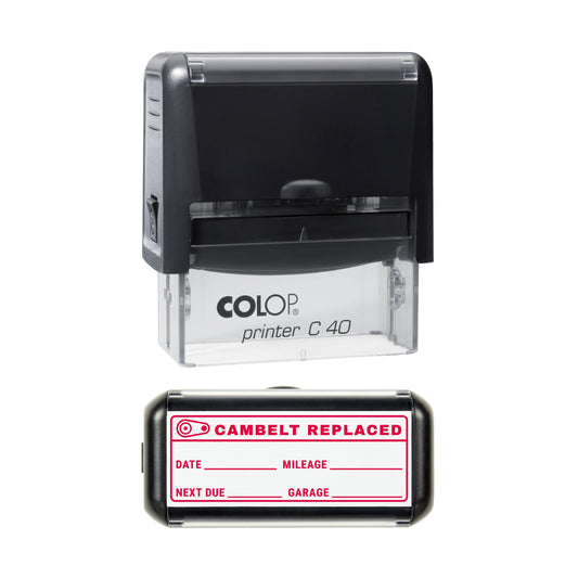 Stamp showing the Cambelt Replaced Vehicle Service Record design, 58 x 22mm COLOP C40 self-inking stamp, red ink