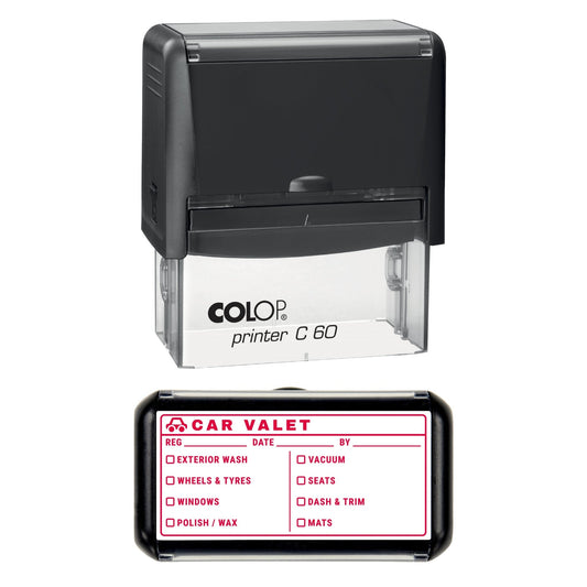Stamp showing the Car Valet Service Checklist design, 77 x 36mm COLOP C60 self-inking stamp, red ink
