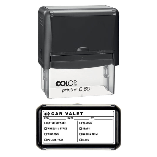 Stamp showing the Car Valet Service Checklist design, 77 x 36mm COLOP C60 self-inking stamp, black ink