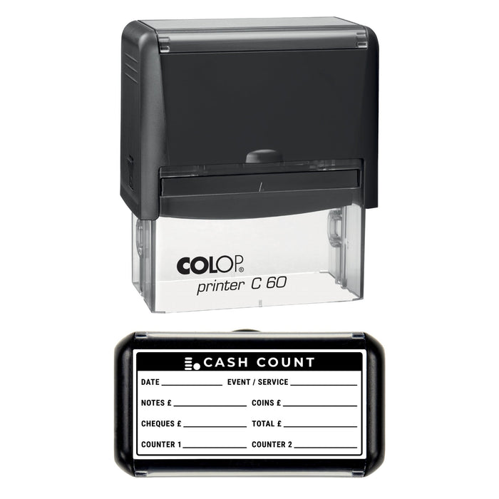 Stamp showing the Cash Count Accounts Record design, 77 x 36mm COLOP C60 self-inking stamp, black ink