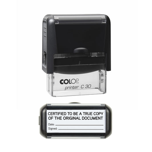 Stamp showing the Certified Copy Legal Copy design, 45 x 18mm COLOP C30 self-inking stamp, black ink