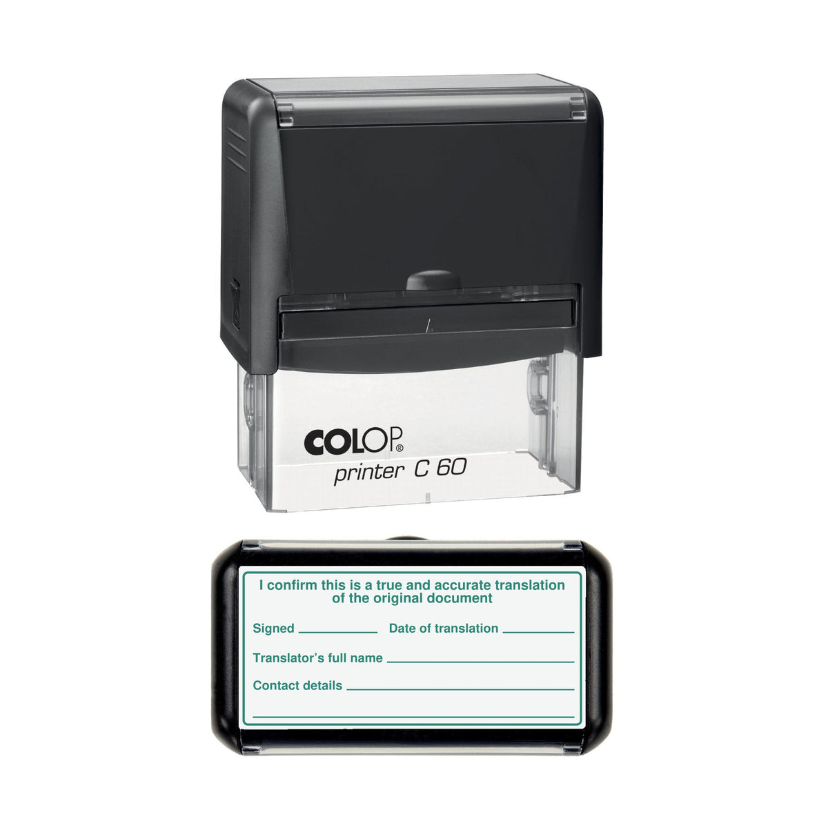 Certified Translation True and Accurate Translation stamp, 77 x 36mm COLOP C60 self-inking stamp, green ink