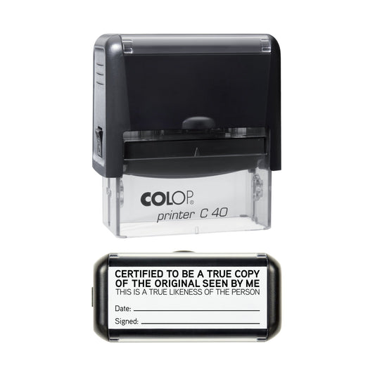 Stamp showing the Certified True Copy and True Likeness design, 58 x 22mm COLOP C40 self-inking stamp, black ink