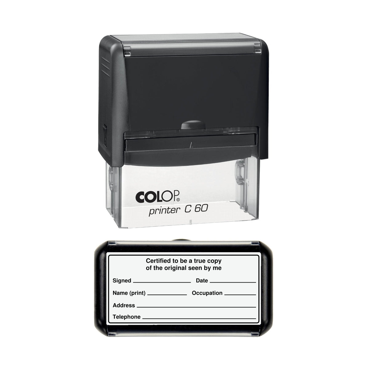 Certified to Be a True Copy of the Original Seen by Me with Occupation, Address and Telephone stamp, 77 x 36mm COLOP C60 self-inking stamp, black ink