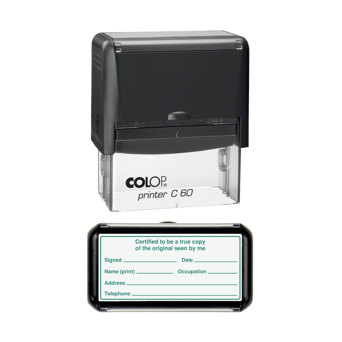 Certified to Be a True Copy of the Original Seen by Me with Occupation, Address and Telephone stamp, 77 x 36mm COLOP C60 self-inking stamp, green ink