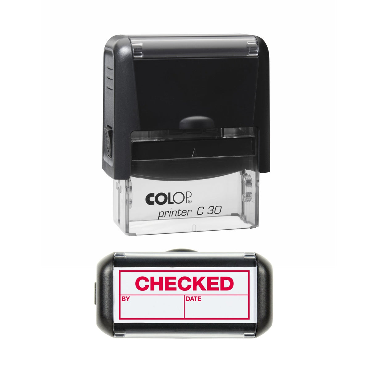 Stamp showing the Checked By and Date design, 45 x 18mm COLOP C30 self-inking stamp, red ink