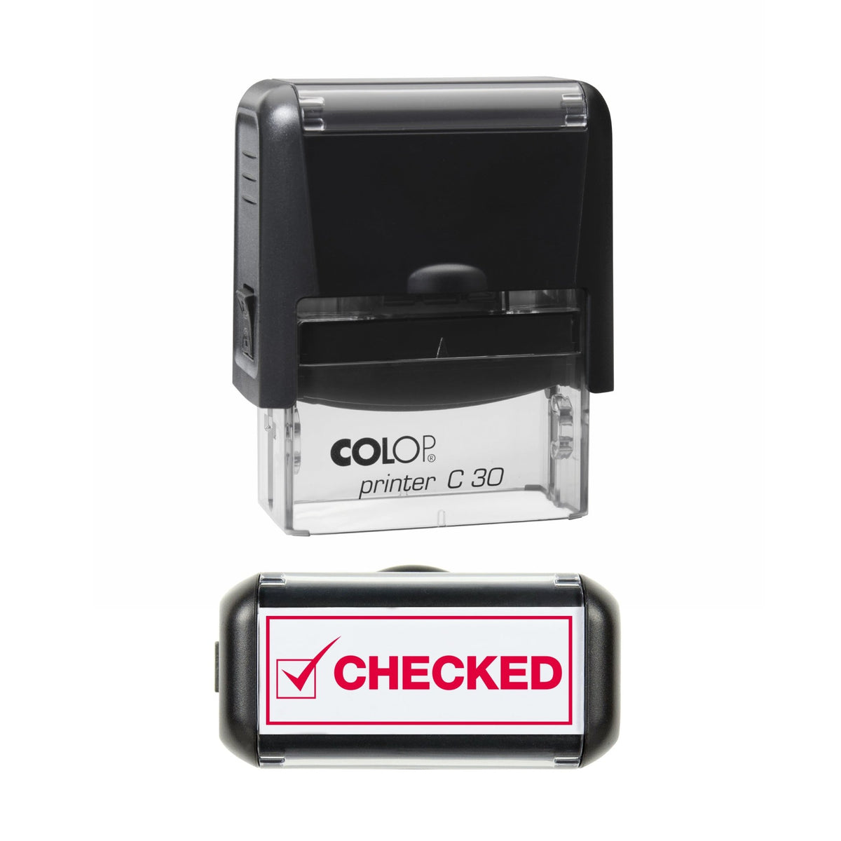 Stamp showing the Checked design, 45 x 18mm COLOP C30 self-inking stamp, red ink