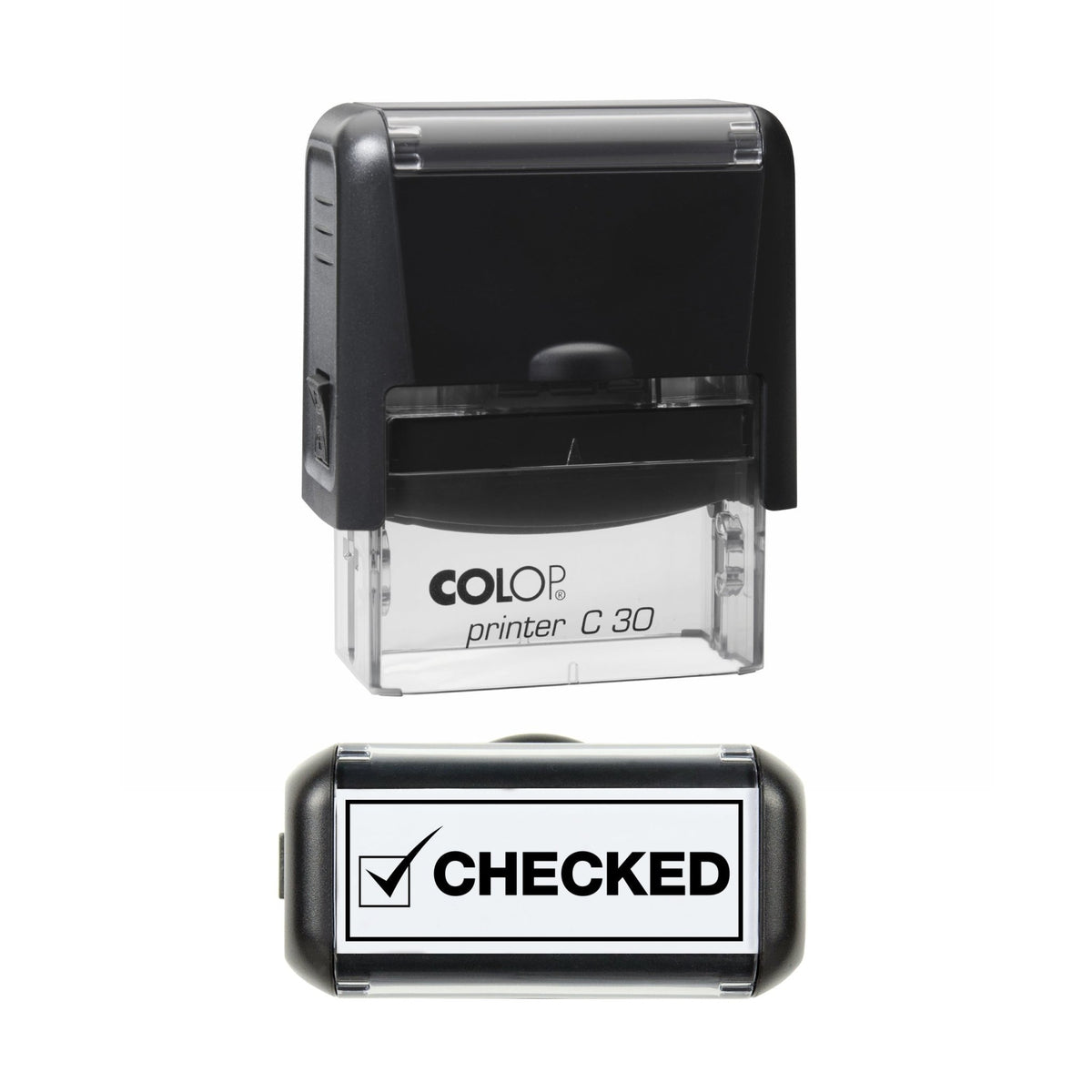Stamp showing the Checked design, 45 x 18mm COLOP C30 self-inking stamp, black ink