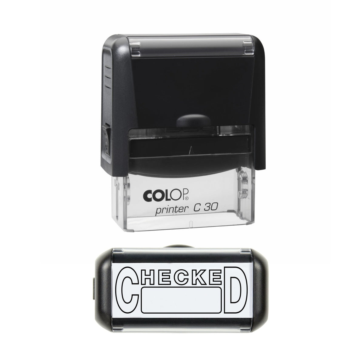 Stamp showing the Checked design, 45 x 18mm COLOP C30 self-inking stamp, black ink