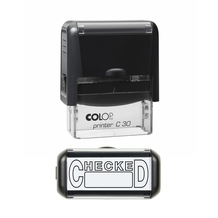 Stamp showing the Checked design, 45 x 18mm COLOP C30 self-inking stamp, black ink