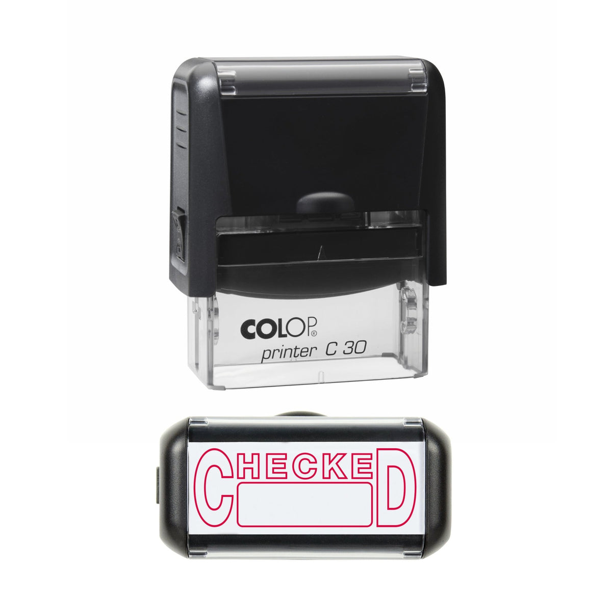 Stamp showing the Checked design, 45 x 18mm COLOP C30 self-inking stamp, red ink