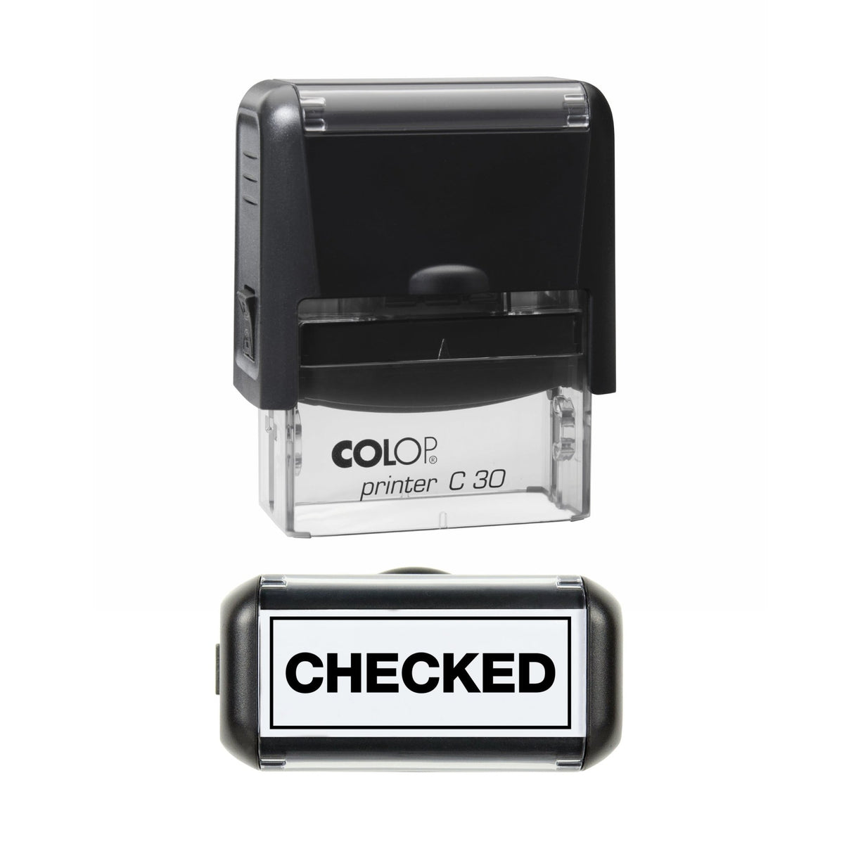 Stamp showing the Checked design, 45 x 18mm COLOP C30 self-inking stamp, black ink