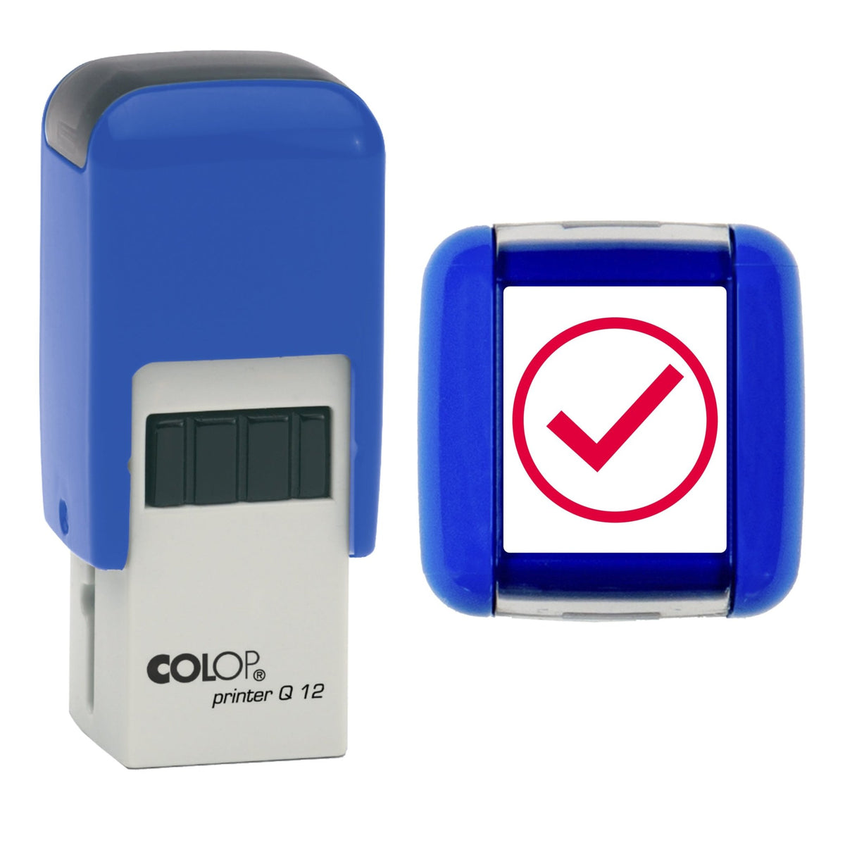 Stamp showing tick in a circle symbol, 12 x 12mm COLOP Q12 self-inking stamp, red ink