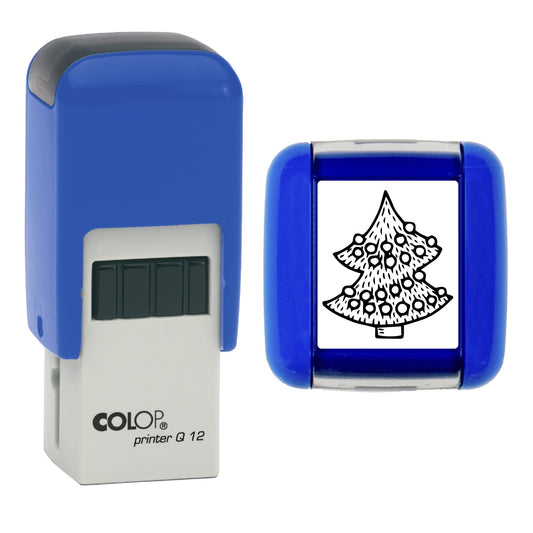 Stamp showing the Christmas Tree Loyalty Card design, 12 x 12mm COLOP Q12 self-inking stamp, black ink