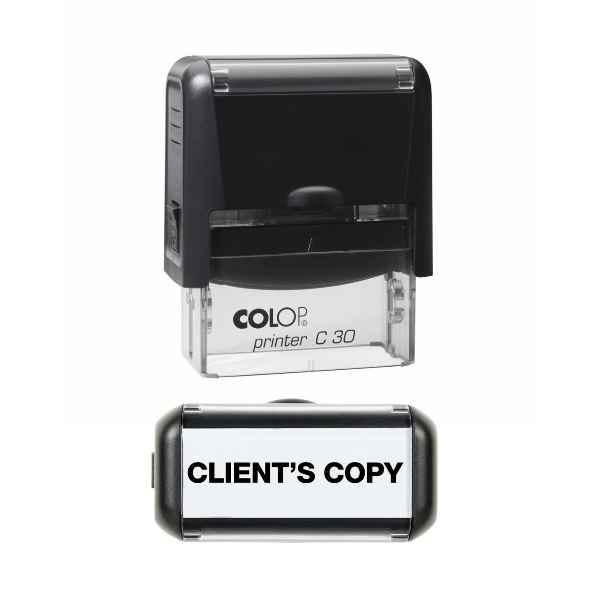 Stamp showing the Client's Copy design, 45 x 18mm COLOP C30 self-inking stamp, black ink