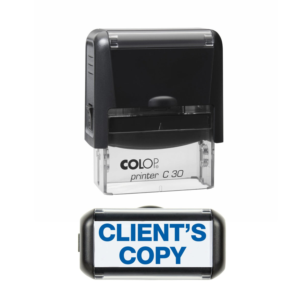 Stamp showing the Client's Copy design, 45 x 18mm COLOP C30 self-inking stamp, blue ink