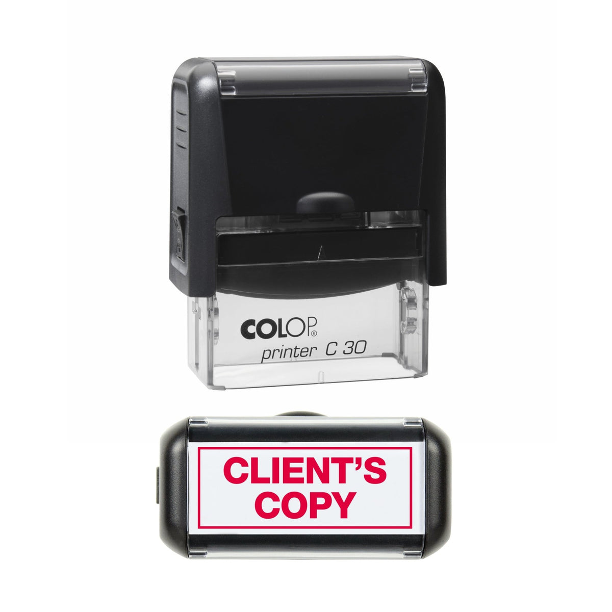 Stamp showing the Client's Copy with Border design, 45 x 18mm COLOP C30 self-inking stamp, red ink