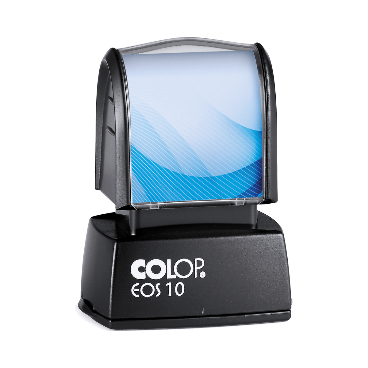 COLOP EOS 10 personalised text stamp, 27 × 12 mm, shown with a sample blue insert design
