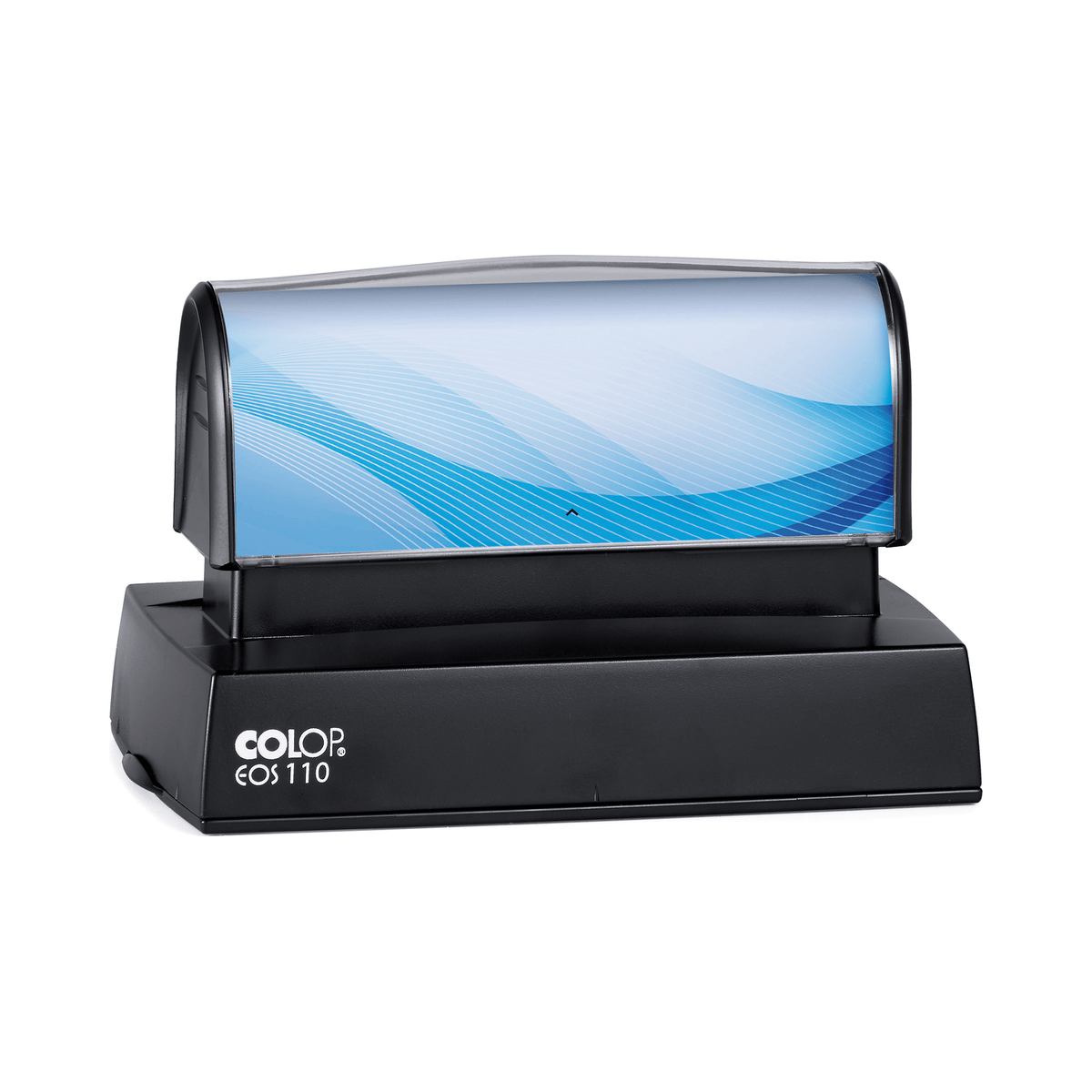 COLOP EOS 110 stamp, 98 × 47 mm, shown with a sample blue insert design