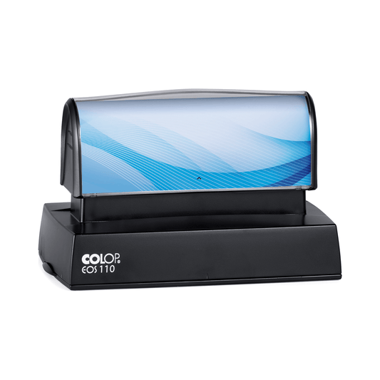 COLOP EOS 110 stamp, 98 × 47 mm, shown with a sample blue insert design