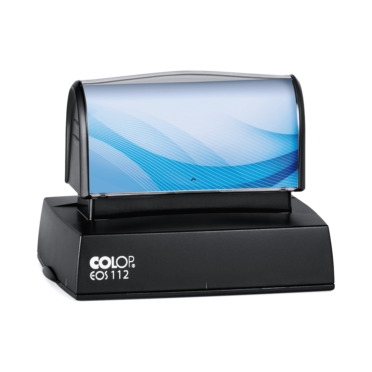 COLOP EOS 112 stamp, 75 × 50 mm, shown with a sample blue insert design