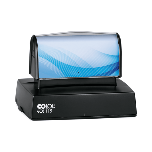 COLOP EOS 115 stamp, 80 × 60 mm, shown with a sample blue insert design