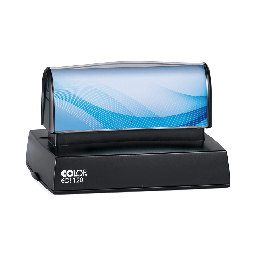 COLOP EOS 120 stamp, 95 × 70 mm, shown with a sample blue insert design